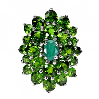 Каблучка. Натуральний смарагд і хром діопсид. Срібло 925. К6580