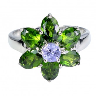 Каблучка. Натуральний хром діопсид і танзаніт. Срібло 925. К6584