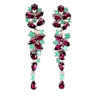 Сережки. Натуральний гранат родоліт і смарагд. Срібло 925. С6589