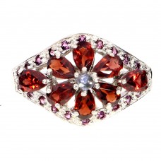 Каблучка. Натуральний гранат, гранат родоліт і танзаніт. Срібло 925. К6596