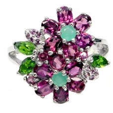 Каблучка. Натуральний гранат родоліт, хром діопсид і смарагд. Срібло 925. К6602