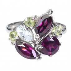 Каблучка. Натуральний гранат родоліт, аквамарин і перидот. Срібло 925. К6603