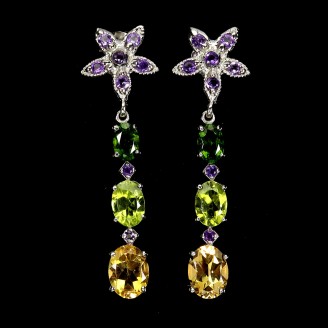 Сережки. Натуральний цитрин, аметист, хром діопси і перидот. Срібло 925. С6607