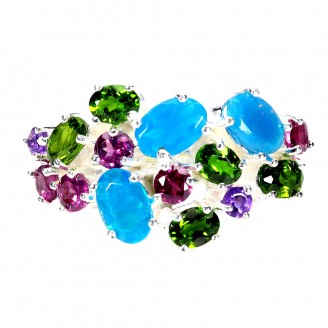 Каблучка. Натуральний опал, аметист, хром діопсид і гранат родоліт. Срібло 925. К6619