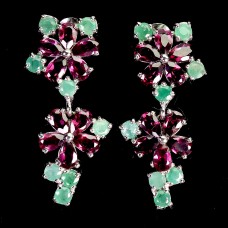 Сережки. Натуральний гранат родоліт і смарагд. Срібло 925. С6630