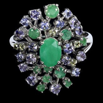 Каблучка. Натуральний смарагд, перидот і танзаніт. Срібло 925. К6643