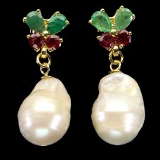 Сережки. Натуральний смарагд, перл і рубін. Срібло 925. С6648