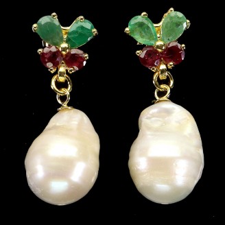 Сережки. Натуральний смарагд, перл і рубін. Срібло 925. С6648