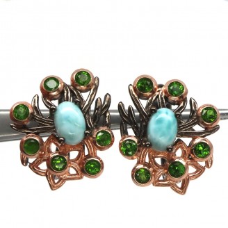 Сережки. Натуральний ларімар і хром діопсид. Срібло 925. С6654