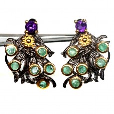 Handmade! Сережки. Натуральний аметист і смарагд. Срібло 925. С6657