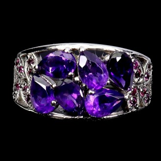 Каблучка. Натуральний гранат родоліт і аметист. Срібло 925. К6673