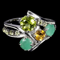 Каблучка. Натуральний перидот, цитрин і смарагд. Срібло 925. К6683