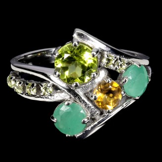 Каблучка. Натуральний перидот, цитрин і смарагд. Срібло 925. К6683