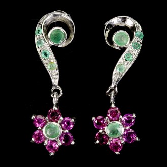 Сережки. Натуральний смарагд і гранат родоліт. Срібло 925. С6689