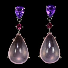 Сережки. Натуральний рожевий кварц, аметист і гранат родоліт. Срібло 925. С6695