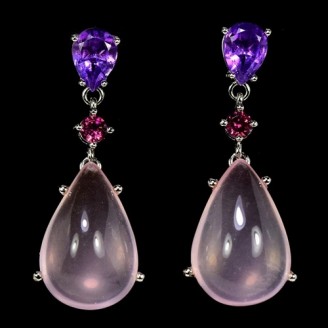 Сережки. Натуральний рожевий кварц, аметист і гранат родоліт. Срібло 925. С6695