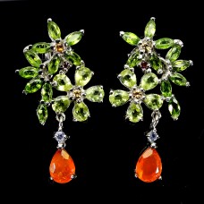 Сережки. Натуральний опал, хром діопсид, перидот, гранат родоліт і танзаніт. Срібло 925. С6770