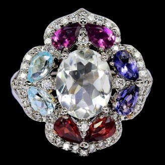 Каблучка. Натуральний празіоліт, іоліт, гранат родоліт і топаз. Срібло 925. К6836